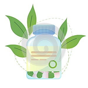 Homeopathic pills in bottle with green leaves decoration. Alternative medicine. Herbal capsules