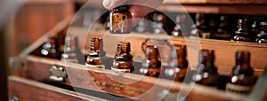 Homeopathic remedies neatly arranged in sliding wooden drawers. Rows of bottles in vintage apothecary drawers. Concept