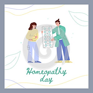 Homeopathy day banner with homeopath or naturopath, flat vector illustration. photo