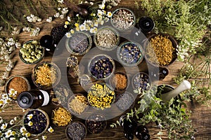 Homeopathy, herbal medicine on wooden table