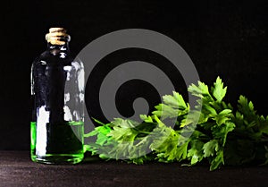 Homeopathy oil in vintage bottles black background. A bottle of homeopathic remedies.