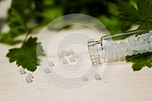 Homeopathy pills in vintage bottles on wood and green background.