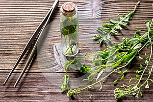 Homeopathy. Store up medicinal herbs. Herbs in glass on wooden table background