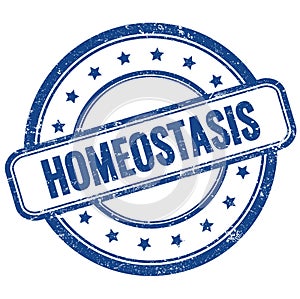HOMEOSTASIS text on blue grungy round rubber stamp photo