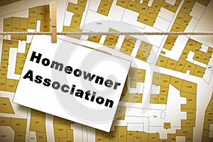 Homeowner Association concept with imaginary city map and text with copy space