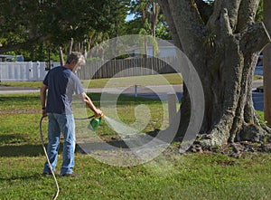 Homeowner man spraying weed killer on grass in his yard with hose attachment full of chemicals