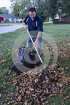 Homeowner Raking Leaves Into A Pile