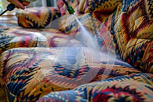 homeowner spraying diy deodorizer on a colorful fabric couch
