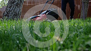Homeowner working in garden uses lawnmower to mow a lawn. Man cutting grass in his yard with electric lawn mower. Low angle shot