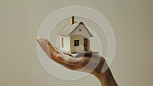 homeownership with a hand delicately cradling a model house, symbolizing aspirations and the journey towards a new home.