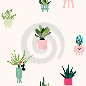 Homepotted plants vector pattern. Natural colors print