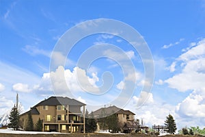 Homes and coniferous trees under blue sky with puffy clouds in winter