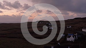 Homes and Cottages along the coast of the Isle of Skye, Aerial view at sunset