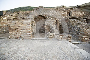 Homes and mosaic floors in front of the houses of rich inhabitants of Ephesus on the street Kuret.