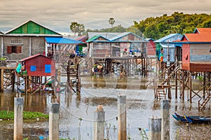 Homes on stilts on the floating village of Kampong Phluk, Tonle