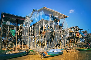 Homes on stilts on the floating village of Kampong Phluk, Tonle