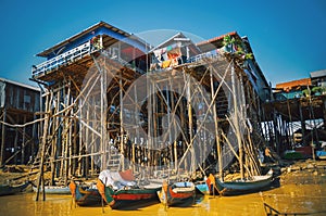 Homes on stilts on the floating village of Kampong Phluk