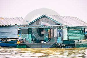 Homes on stilts on the floating village of Kampong Phluk, Tonle Sap lake, Siem Reap province, Cambodia