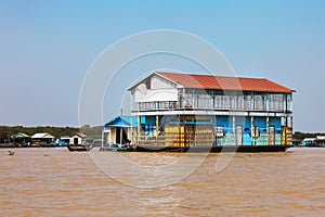 Homes on stilts on the floating village of Kampong Phluk, Tonle Sap lake, Siem Reap province, Cambodia