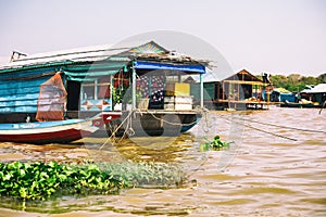 Homes on stilts on the floating village of Kampong Phluk, Tonle Sap lake, Siem Reap province, Cambodia