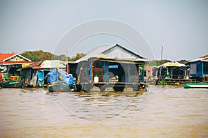 Homes on stilts on the floating village of Kampong Phluk, Tonle Sap lake, Siem Reap province, Cambodia