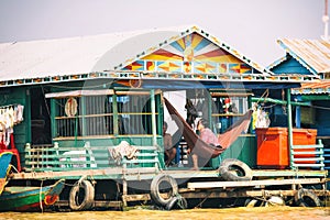 Homes on stilts on the floating village of Kampong Phluk, Tonle Sap lake, Siem Reap province, Cambodia