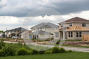 Homes under construction with completed homes in the background