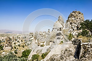Homes in volcanic rock formations of Cappadocia, Turkey