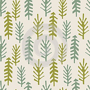 Homespun Naive Forest Fir Tree Pattern. Seamless Background for Christmas Holidays Texture. Winter Hand Drawn Paper Cut Wood