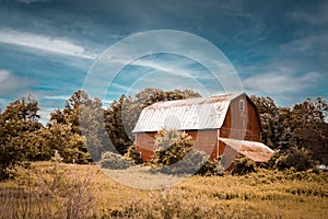 homestead farm prairie red barn overgrown abandoned empty vintage landscape plain