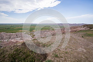 Homestead Overlook in Badland national park during summer. From grassland to valley. Badland landscape South Dakota