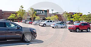 Homestead, Pennsylvania, USA 7/10/20  Parked cars in front of the Dick`s Sporting Goods store