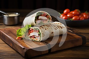 homestyle chicken and bacon wrap on a rustic wood table