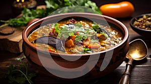 Homestyle Lentil Soup Garnished With Cilantro In A Traditional Earthenware Dish. Generative AI photo