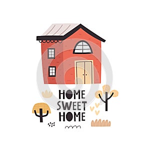 Sweet home. cartoon house, tree, hand drawing lettering, decor elements. colorful illustration for kids, flat style.