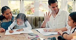 Homework, family and counting help with children, mom and dad in a home with education. House, study and parent support