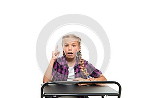 Homework idea. Little girl keeping finger raised isolated on white. Adorable small child reciting homework in class