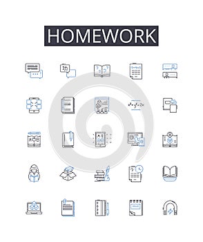 Homework line icons collection. Assignment-task, Project-activity, Test-exam, Essay-paper, Reading-study, Presentation