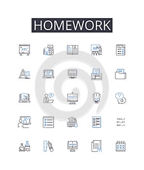 Homework line icons collection. Assignment-task, Project-activity, Test-exam, Essay-paper, Reading-study, Presentation