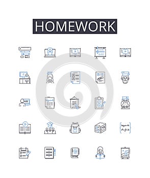 Homework line icons collection. Assignment-task, Project-activity, Test-exam, Essay-paper, Reading-study, Presentation