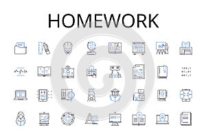 Homework line icons collection. Assignment-task, Project-activity, Test-exam, Essay-paper, Reading-study, Presentation