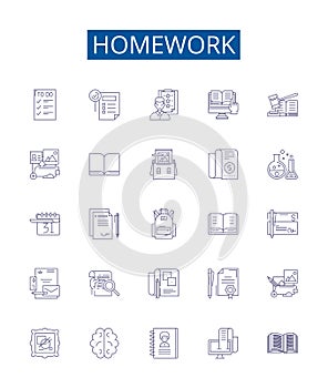 Homework line icons signs set. Design collection of Studies, Assignments, Exercises, Tasks, Projects, Drills, Quizzes
