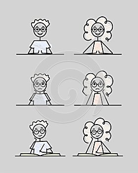 homework, schooling from home, sketch vector illustration smart girl and boy are reading in the school, studying at the