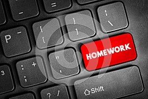Homework text button on keyboard, education concept background