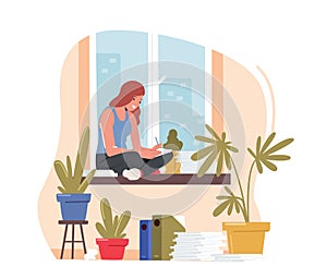 Homeworking Place, House Office Concept. Freelancer, Writer Or Student Woman Sitting On Windowsill Work With Papers