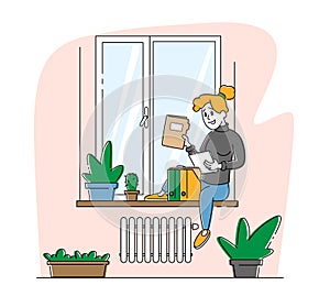 Homeworking Place, Working Activity. Freelancer Woman Character Sitting on Windowsill Work with Papers Docs at Home photo