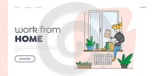 Homeworking Place, Working Activity Landing Page Template. Woman Sitting on Windowsill Work with Papers Docs at Home