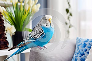 Homey budgerigar: bright blue parrot in apartment photo