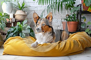 Homey scene Cute dog rests on bed, surrounded by plants