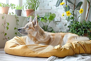 Homey scene Cute dog rests on bed, surrounded by plants